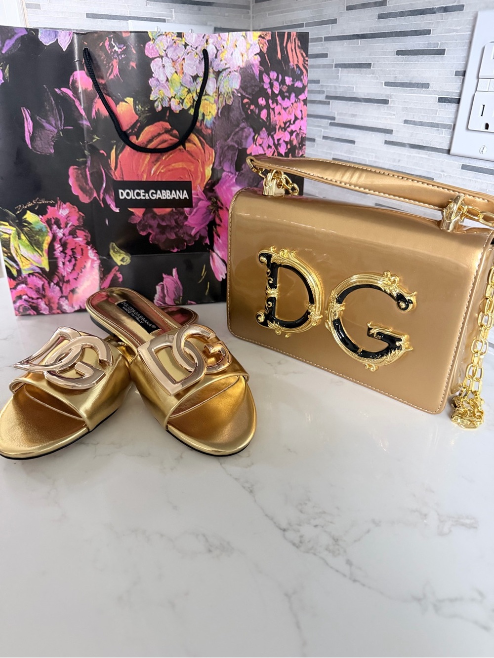 Metallic Gold Patent DG-Emblem Shoulder Bag with Matching Slides size 6